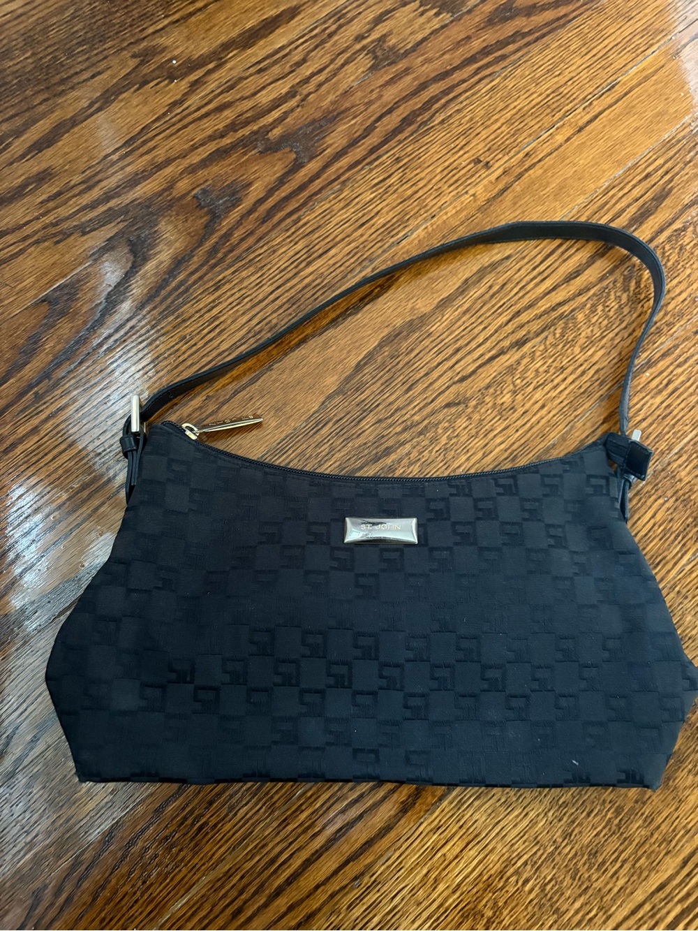 St. John Black Textured Checker Shoulder Clutch